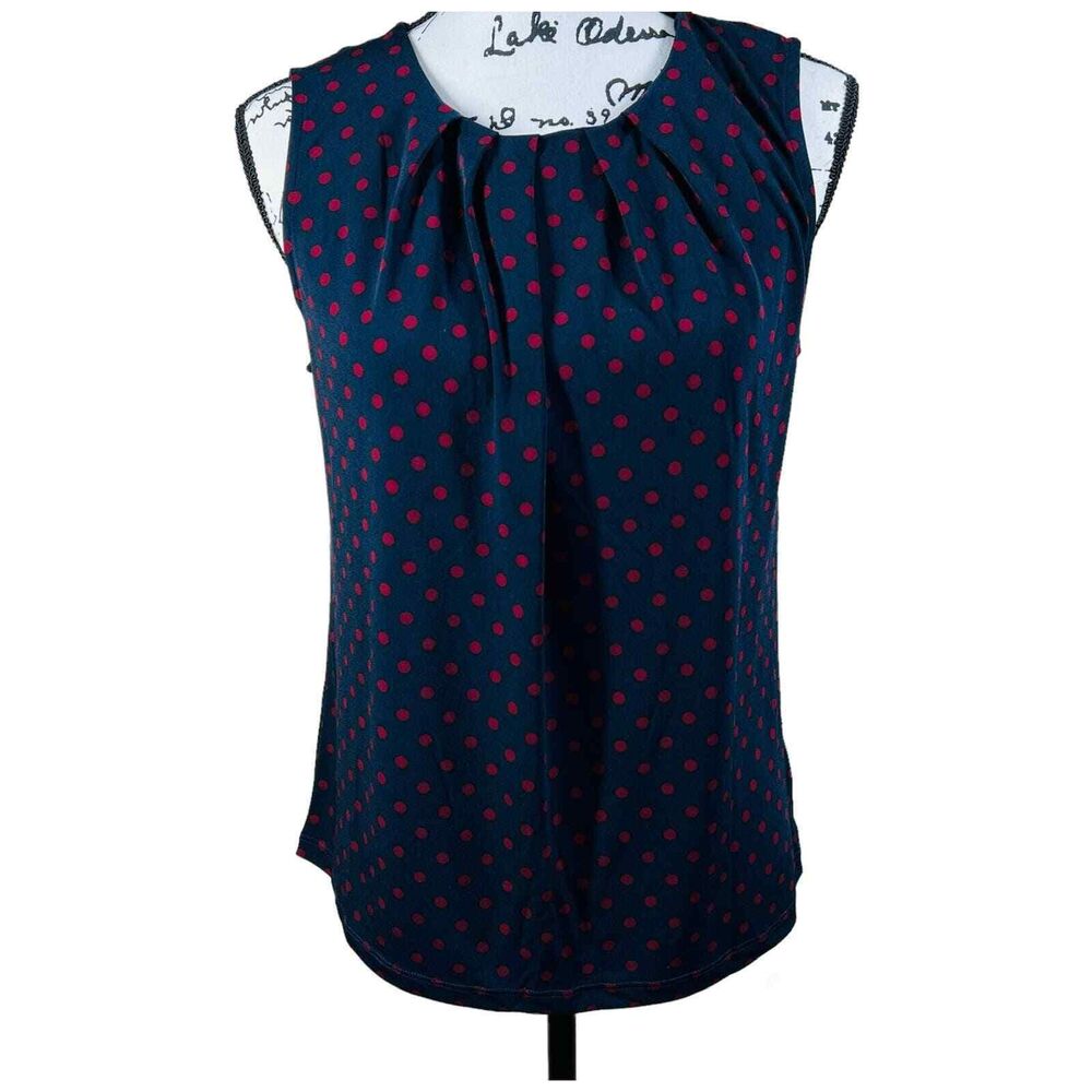 Jones New York Sleeveless knit top/blouse navy and Red polka dot size S work